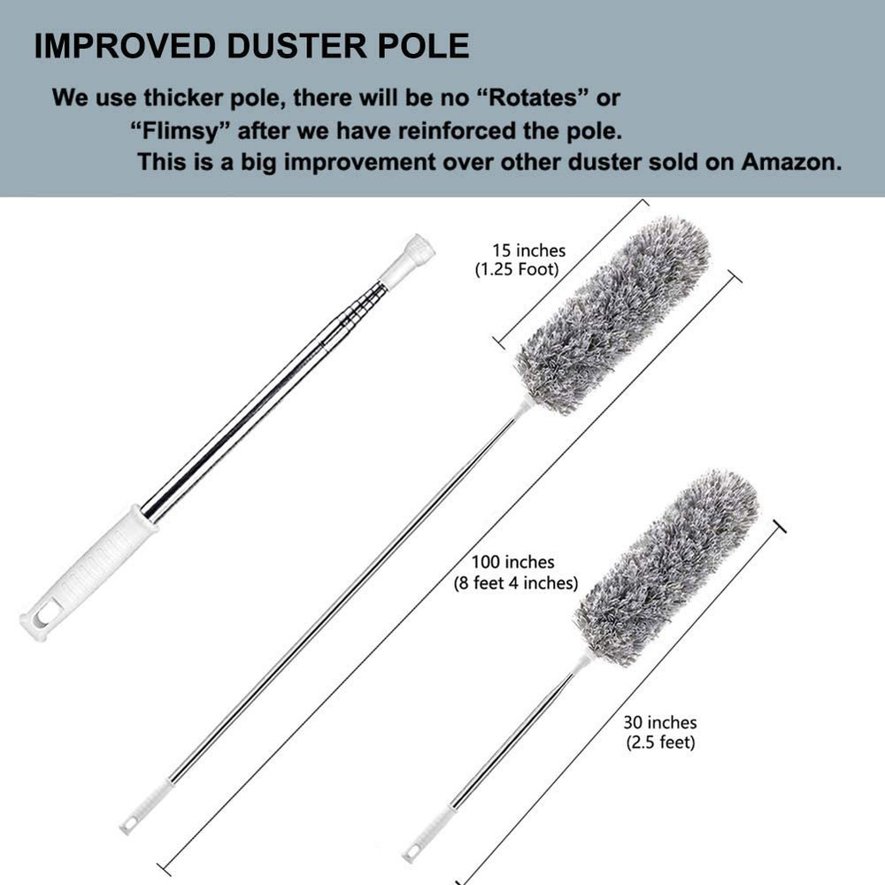 Microfiber Feather Duster Extendable Pole 30-100in Bendable Head Gray Washable