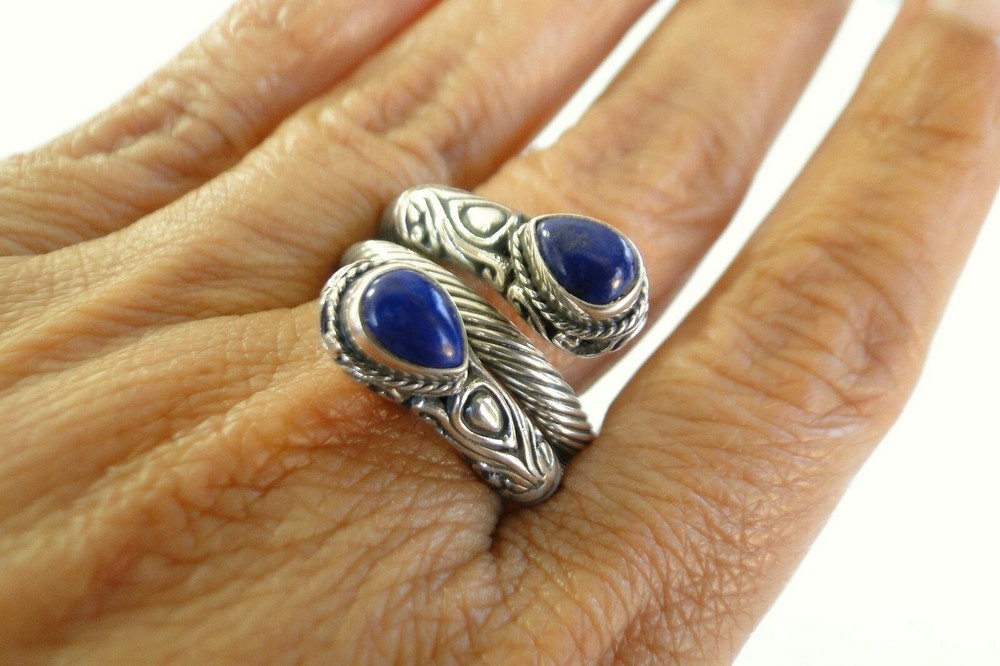 Blue Lapis Lazuli Statement 2-Stone Sterling Silver Wrap Ring Sz 7 8 9