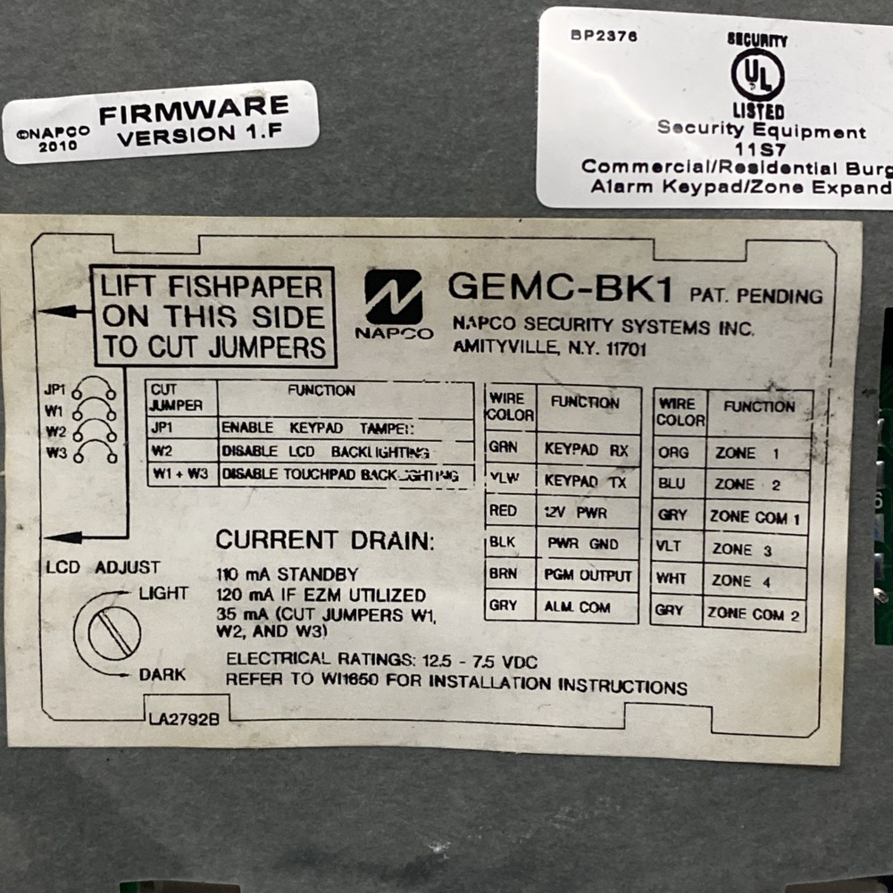 Napco Gemini GEMC-BK1 Security System Keypad Alarm Panel Control