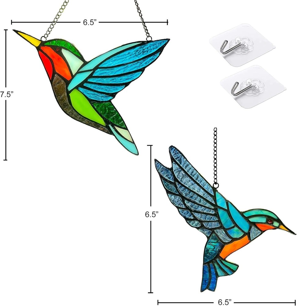 Two-Pack Handcrafted Stained Glass Hummingbird Window Decor