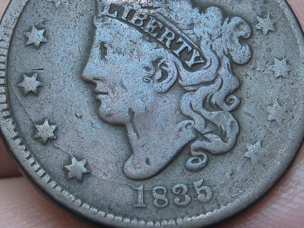 1835 Matron Head Large Cent Penny- Die Break, Small 8, N-3