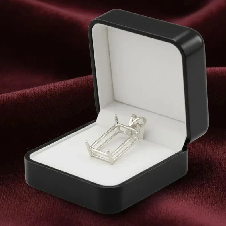 925 Sterling Silver Emerald Cut Mount Rectangular 4-Prong Setting Pendant