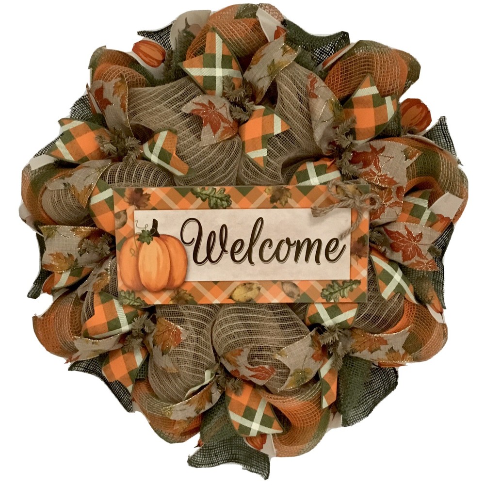 Harvest Pumpkin Argyle Welcome Wreath Handmade Deco Mesh