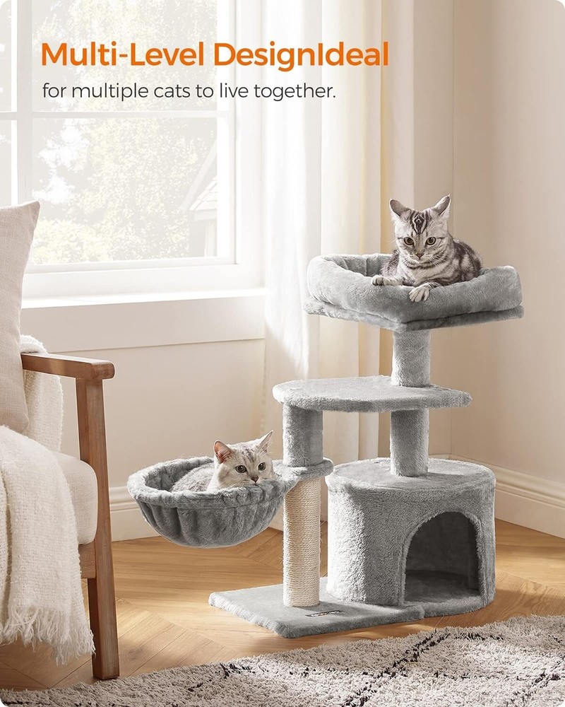 Small Cat Tree - Scratching Post - Basket - Cave - Light Gray - Compact Size