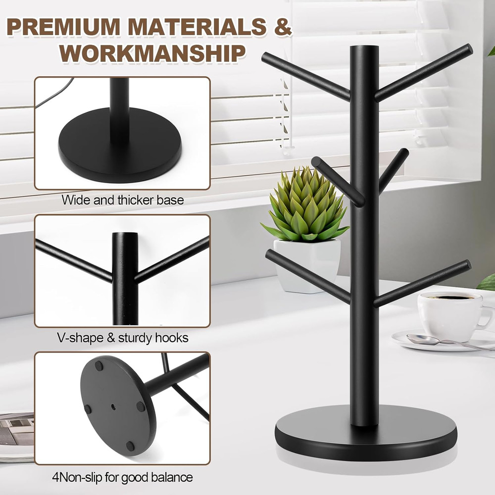 Mug Holder Tree, Thicker Base Coffee Cup Holder for Countertop, Sturdy Wood Coff