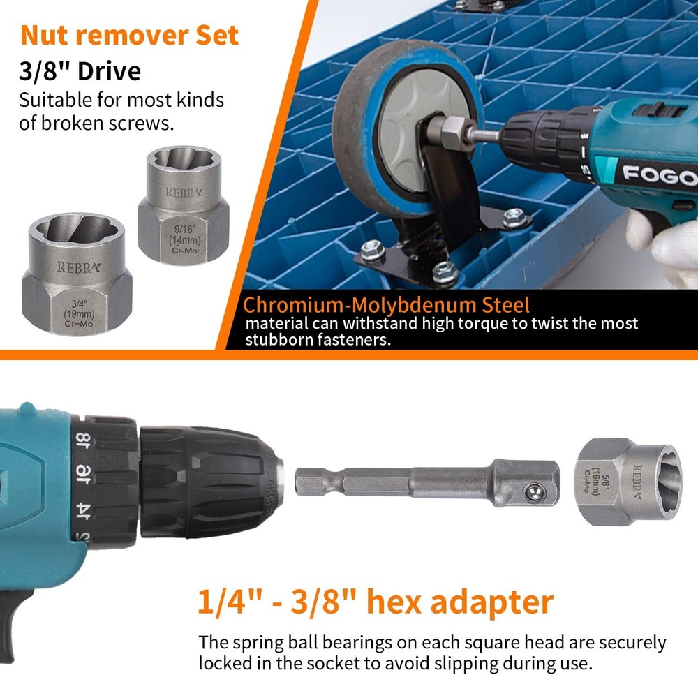 REBRA Screw Extractor and Left-Hand Drill Bit Set, Easy Out Broken One Size