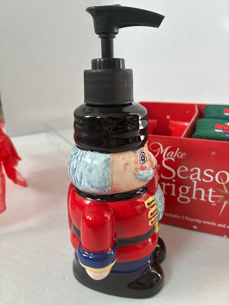Nutcracker Soap Dispenser & Hand Towel Set Christmas Bathroom Decor