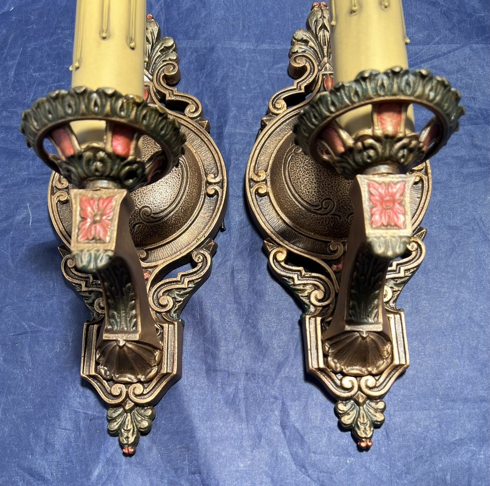 Nice Pair Polychrome Antique Wall Sconce Fixtures Rewired WOW! 100C