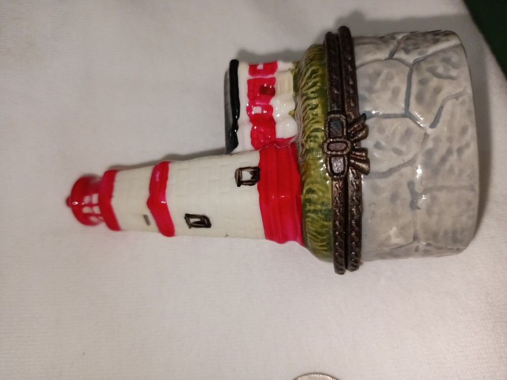 Lighthouse Hinged Trinket Hidden Box Ceramic Red White