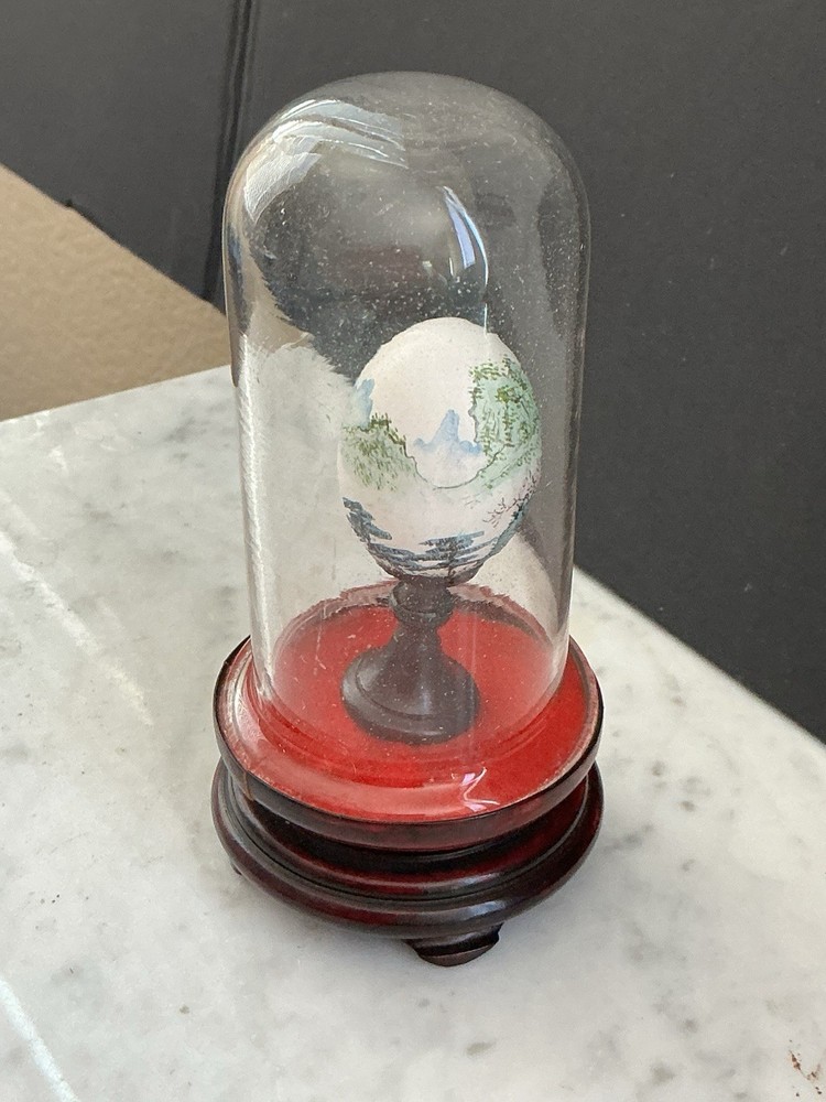 Vtg MCM Mini Hand painted Chinese Egg Under Dome Wood Base