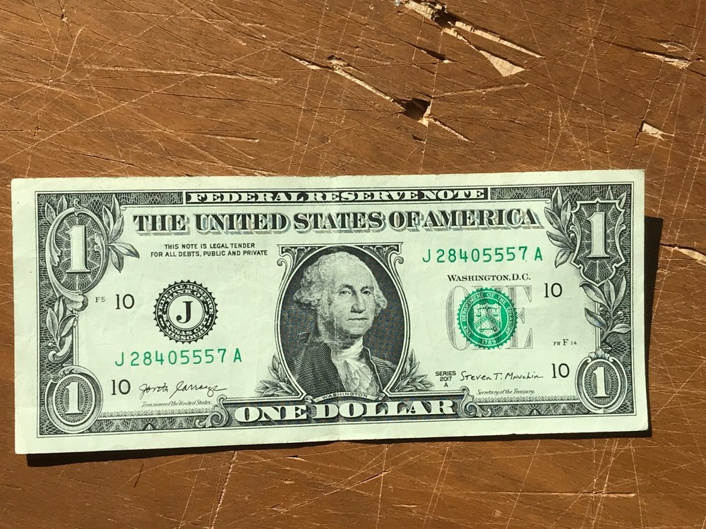 Misaligned Offset Cut Error Off-Center Cut Misalignment Dollar Bill $1 2017A