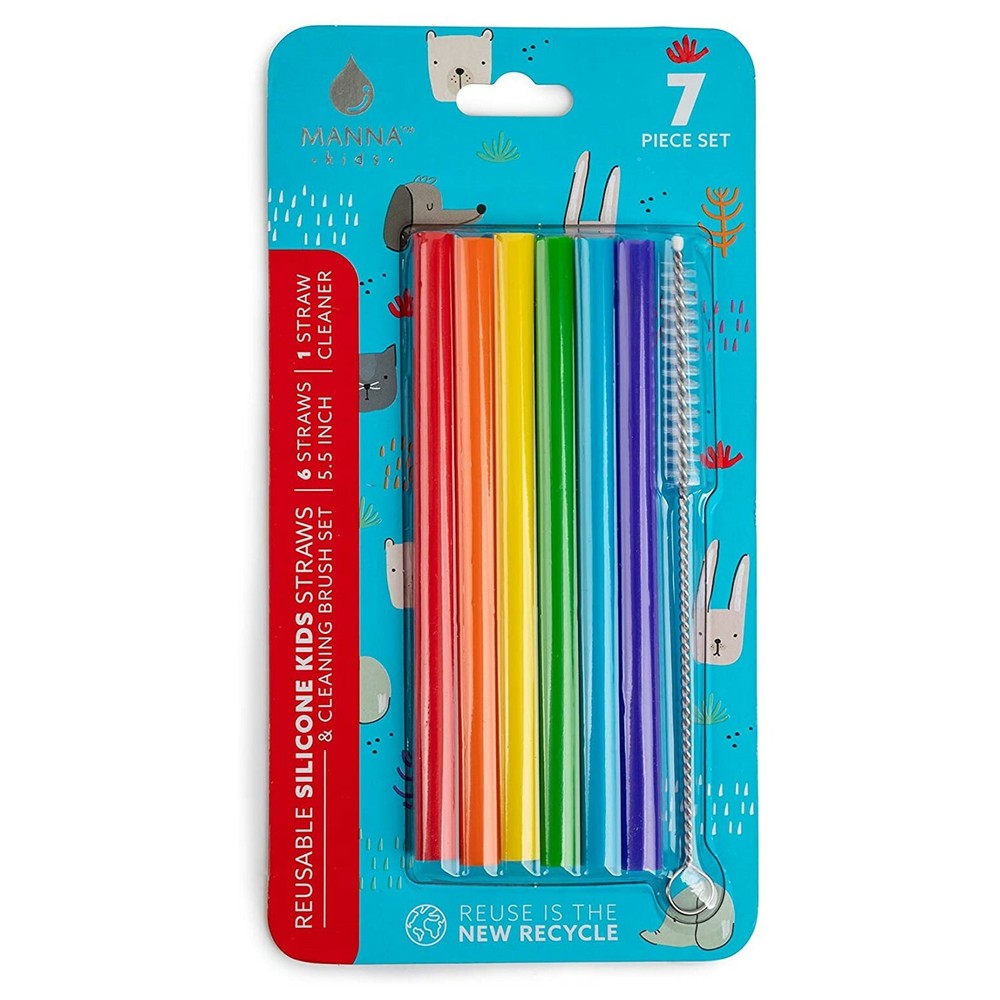 Manna Hydration 5.5" Bright Colors Reusable Kids 7pc Straw & Brush Set