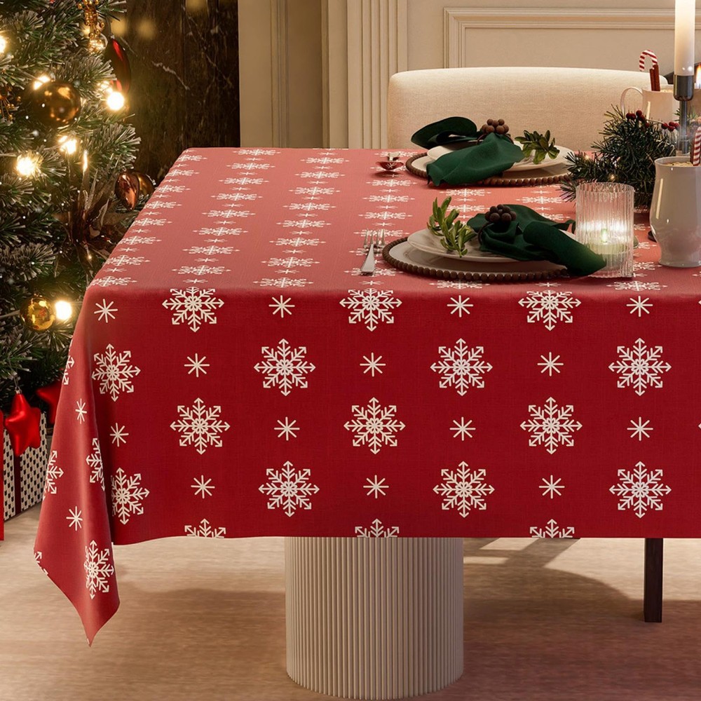 Christmas Red Tablecloth, Rectangle Table Cloh with Snowflake Decorations, Sp...