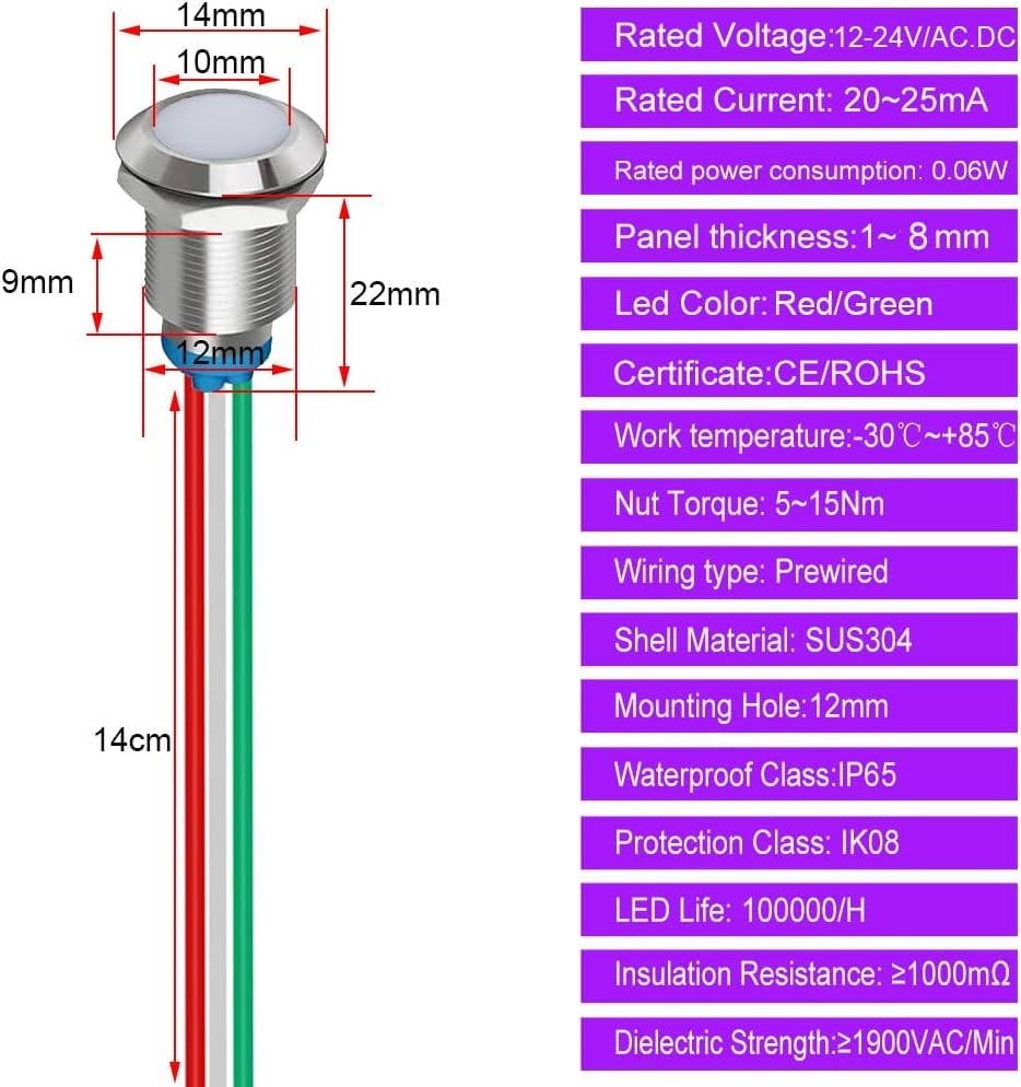 Bi Color LED Indicator Light 12mm 12V 24V