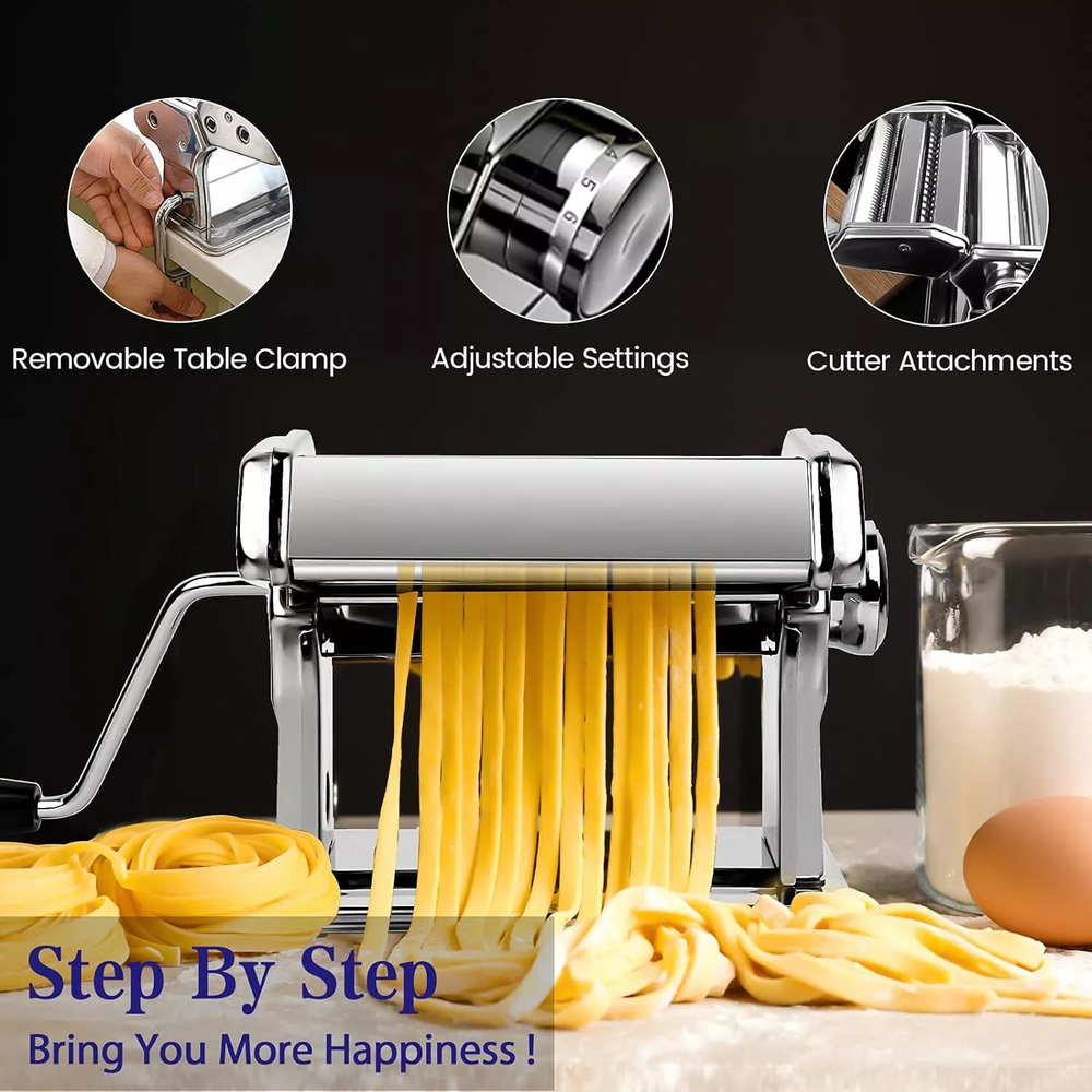 Manual Pasta Maker Machine Pasta Roller and Cutter Adjustable Thickness Settings