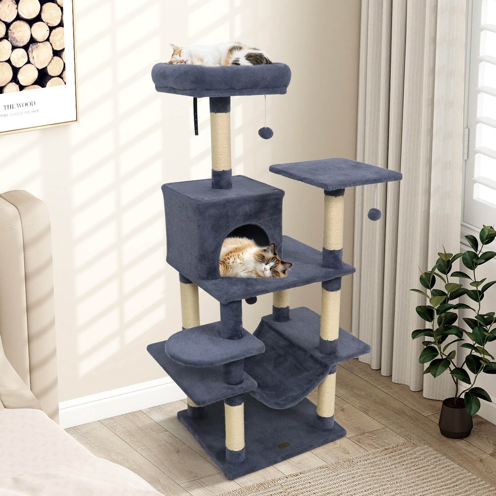 58” Tall Multi-level Cat Tree w/Upholstered Perch & Cat Condo, Comfy Hammock