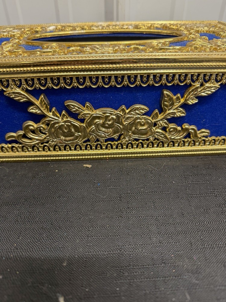 Tissue Box Cover Rectangle Gold Rose Floral Pattern Blue Felt Backing Plastic