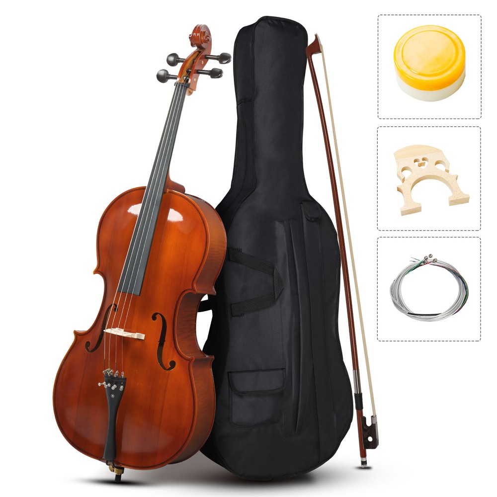 Natural Full Size 4/4 Acoustic Cello Set w/ Spruce Panel & Tiger Pattern Process