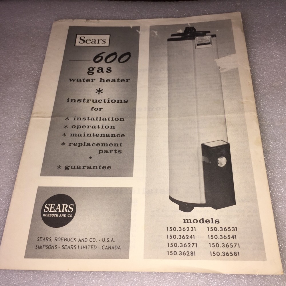 VINTAGE 1964 SEARS 600 GAS WATER HEATER INSTRUCTIONS & PARTS MANUAL #150.36231