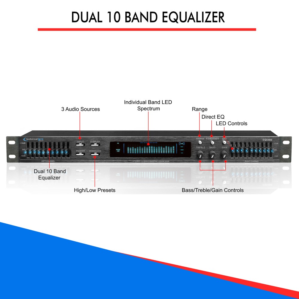 Technical Pro Professional Dual 10 Band Equalizer with Individual LED Indicators