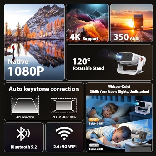 Smart Projector with WiFi 6 and Bluetooth - 4K Support 350Ansi 4K-White