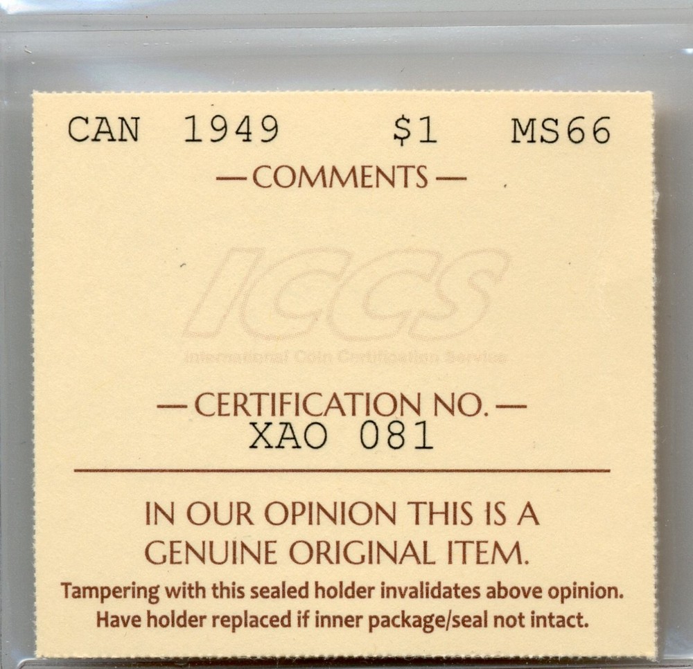 1949 Canada Silver Dollar - Gem Uncirculated, ICCS MS 66