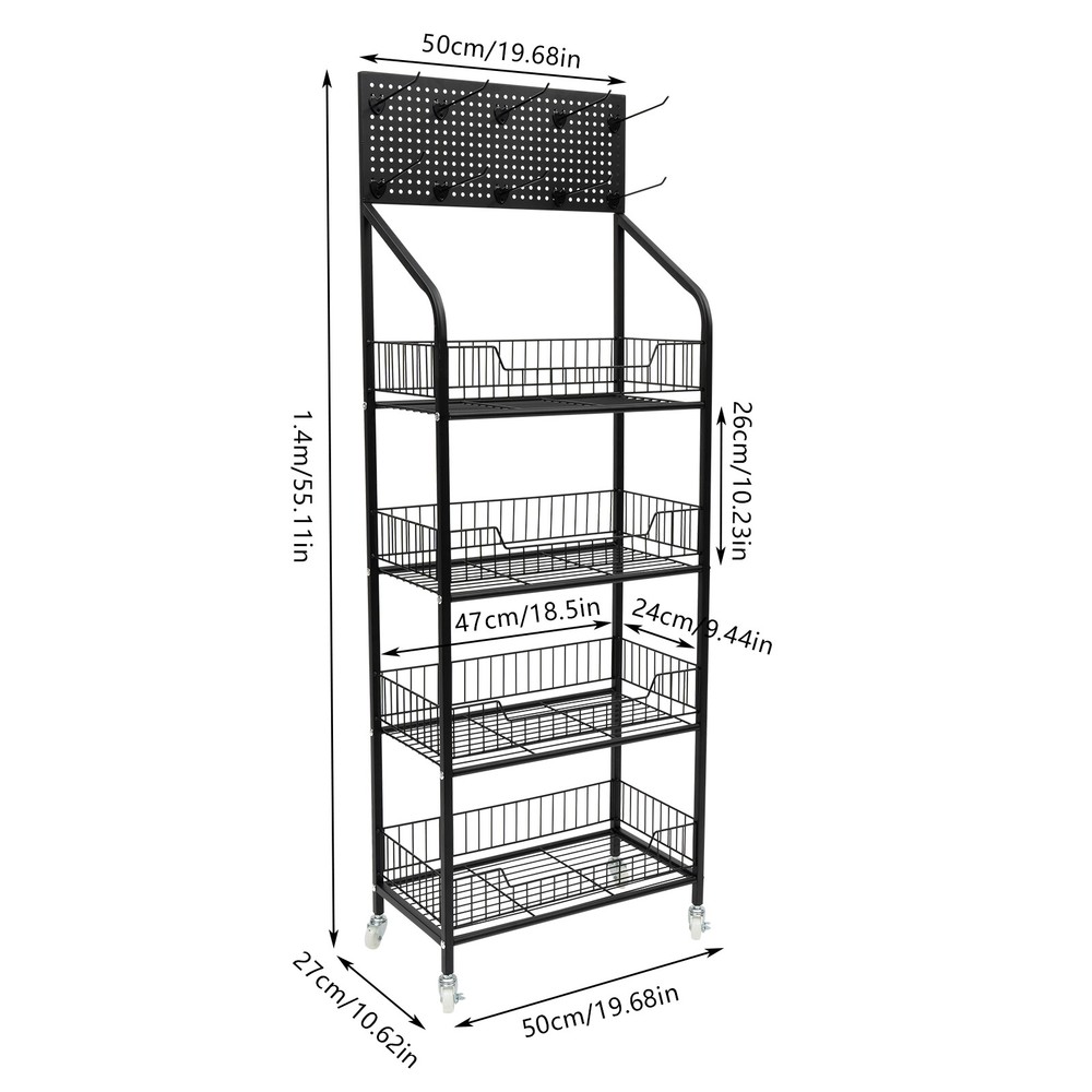 4-Tier Adjustable Rolling Snack Rack with Hanging Board - Freestanding Display