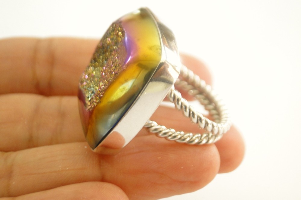 Purple Titanium Druzy Drusy Statement 925 Sterling Silver Ring Size 9