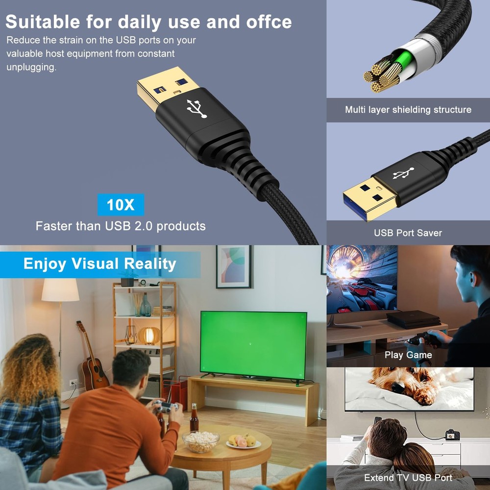 USB Extension Cable 6FT, 2 Pack Extender High Speed USB3.0 Black