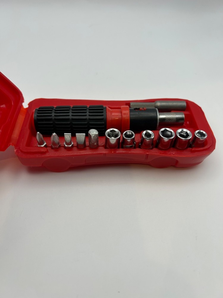 Vintage Novelty Car Tool Kit Screwdriver Bit Set Red Plastic Case Gift