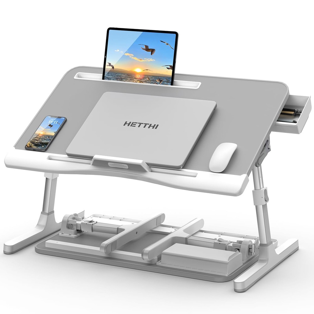 Height  Angle Adjustable Laptop Bed Desk with Drawer, Foldable 23.6×14in Gray