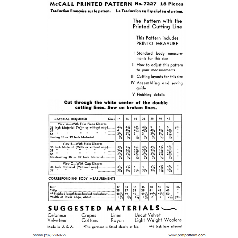 Past Patterns 7227 - 1930s Dress with Front Button Closure Pattern bust 36 b36