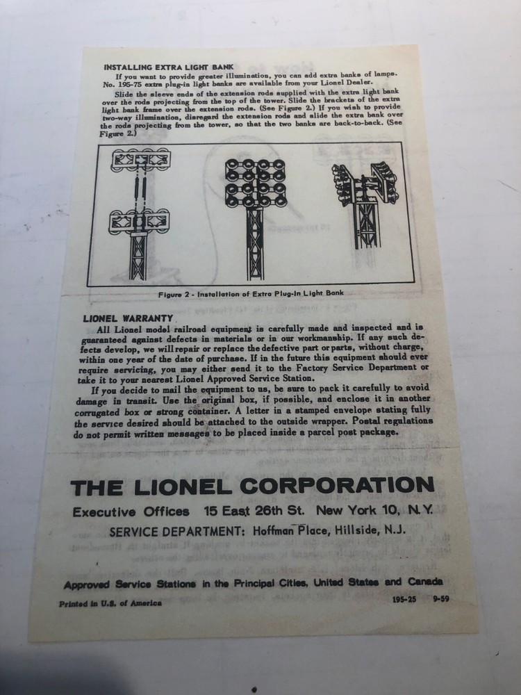 LIONEL ,, 195 FLOODLIGHT TOWER INSTRUCTION SHEET , COPY