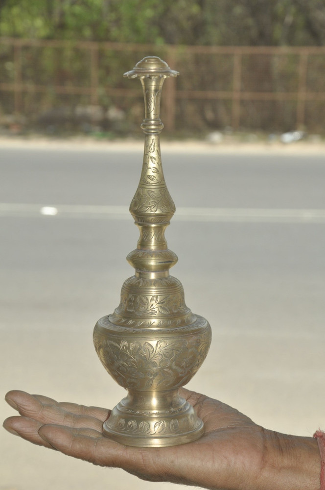 Vintage Brass Inlay Engraved Solid Handcrafted Rose Water Bottle
