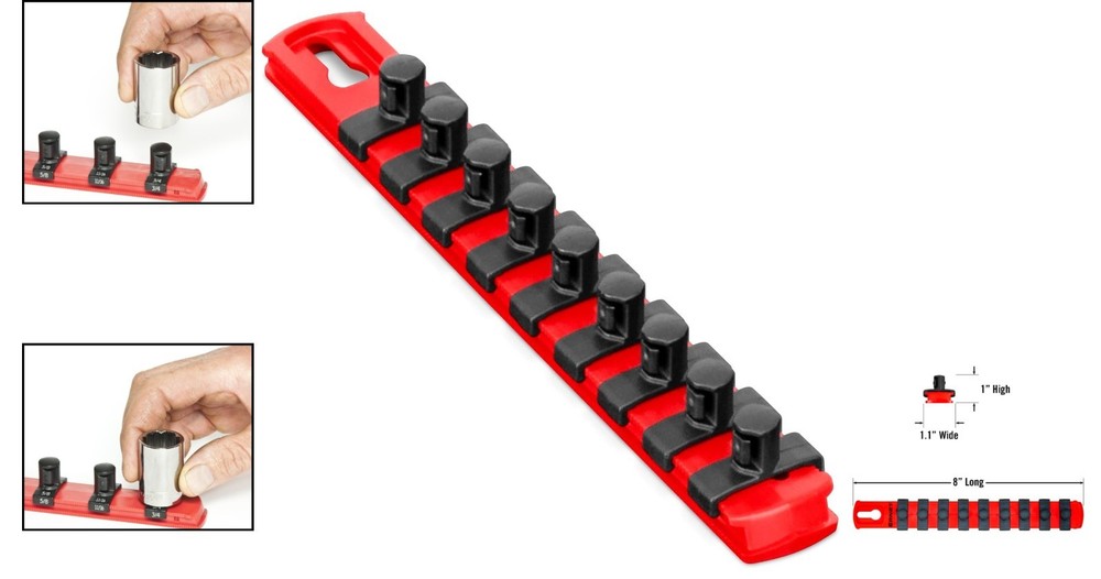 Ernst 8-Inch Socket Organizer with 9 Twist Lock Clips - Secure Tool Storage Red