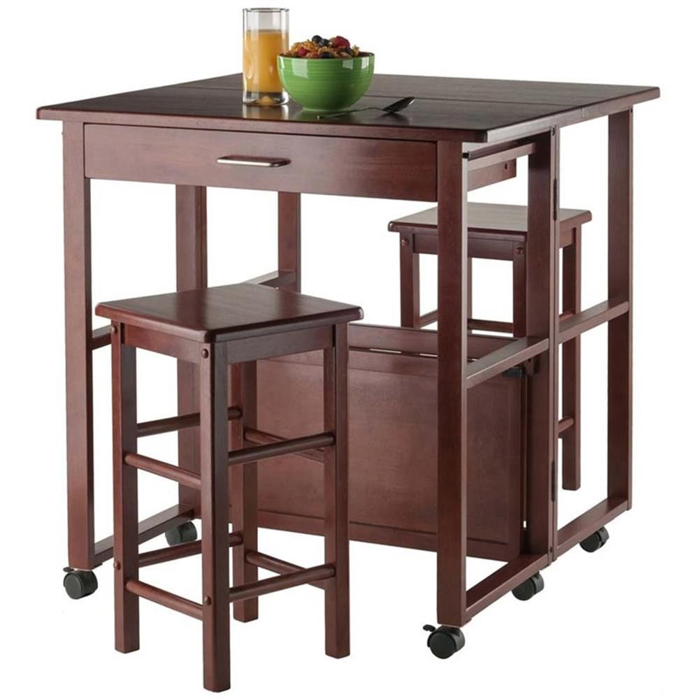 Pemberly Row 3-Piece Transitional Solid Wood Drop Leaf Dining Set in Walnut