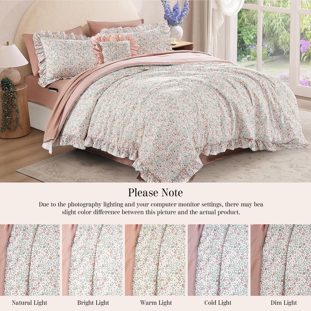 BLOOMHAVEN Queen Comforter Set - 7 Pieces Ruffle Pink Ditzy Bedding Sets, Sha...