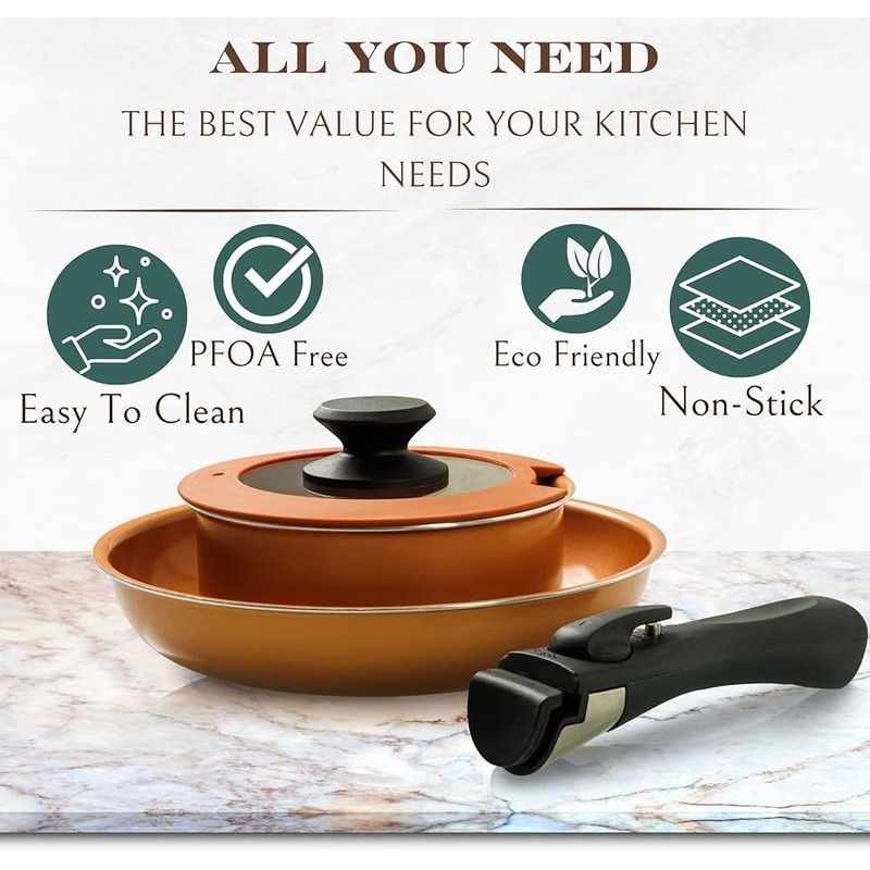 Nonstick Copper Pots & Pans Set Removable Handle Stackable Cookware 7 Pcs New