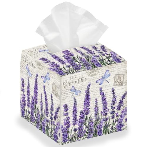 Tissue Box Holder, Flower Square Tissue Box Cover Foldable Tissue Lavender