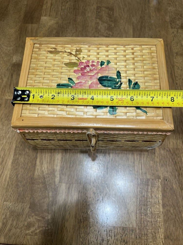 Vintage Wicker Tan Sewing Basket with Handle Painted Lid Lined