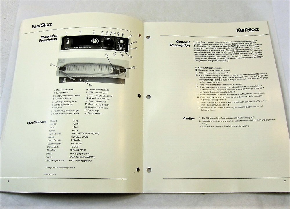 Karl Storz Automatic Xenon Flash Generator & Light Source Manual 610
