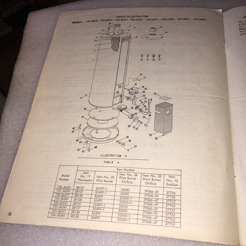 VINTAGE 1964 SEARS 600 GAS WATER HEATER INSTRUCTIONS & PARTS MANUAL #150.36231