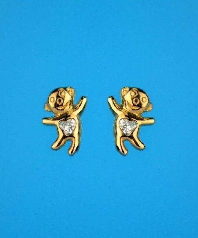 14k Yellow Gold CZ Bear Stud Earrings