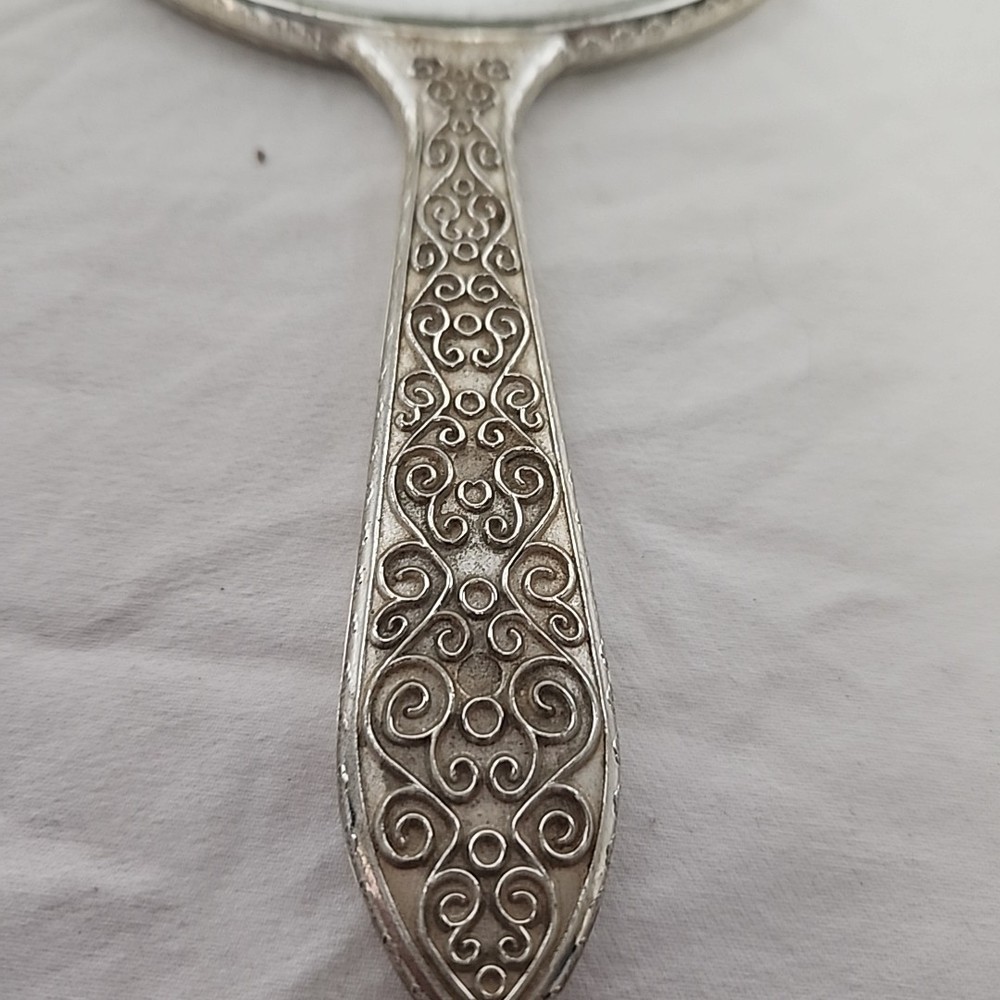 Vintage Silver Tone Handheld Mirror Double Sided Magnified