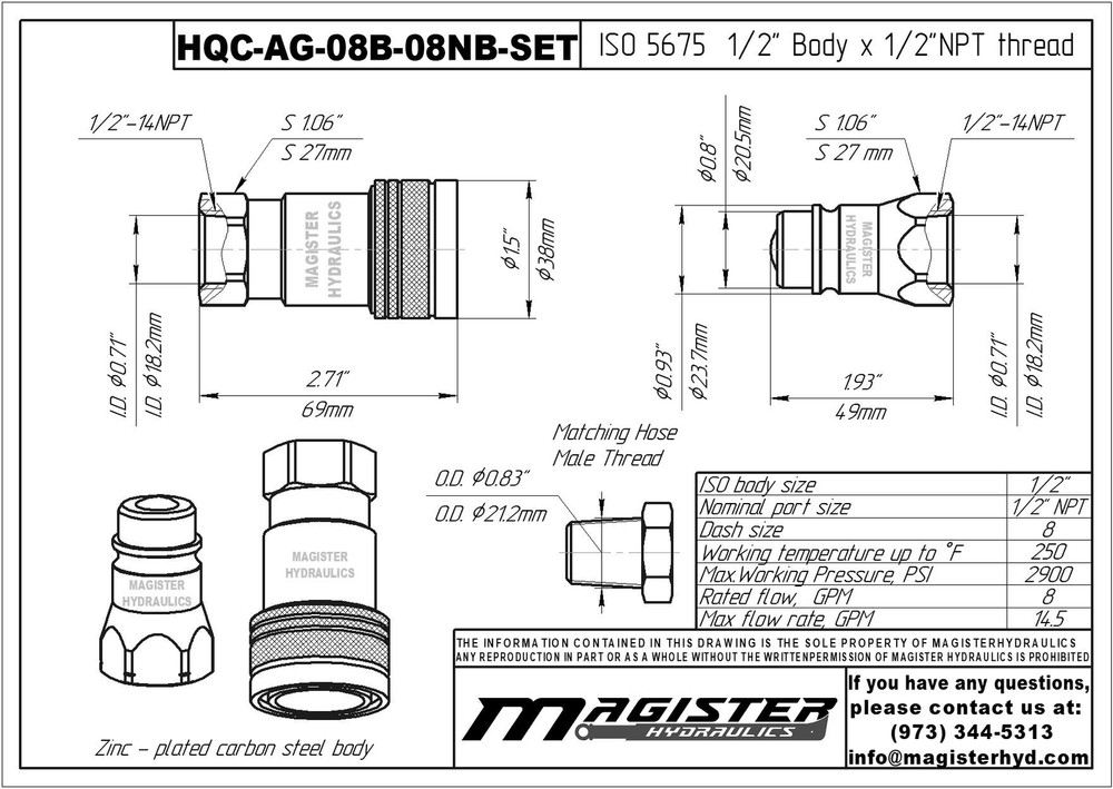 1/2″ AG Hydraulic Quick Couplers Set - 1/2″ NPT Thread