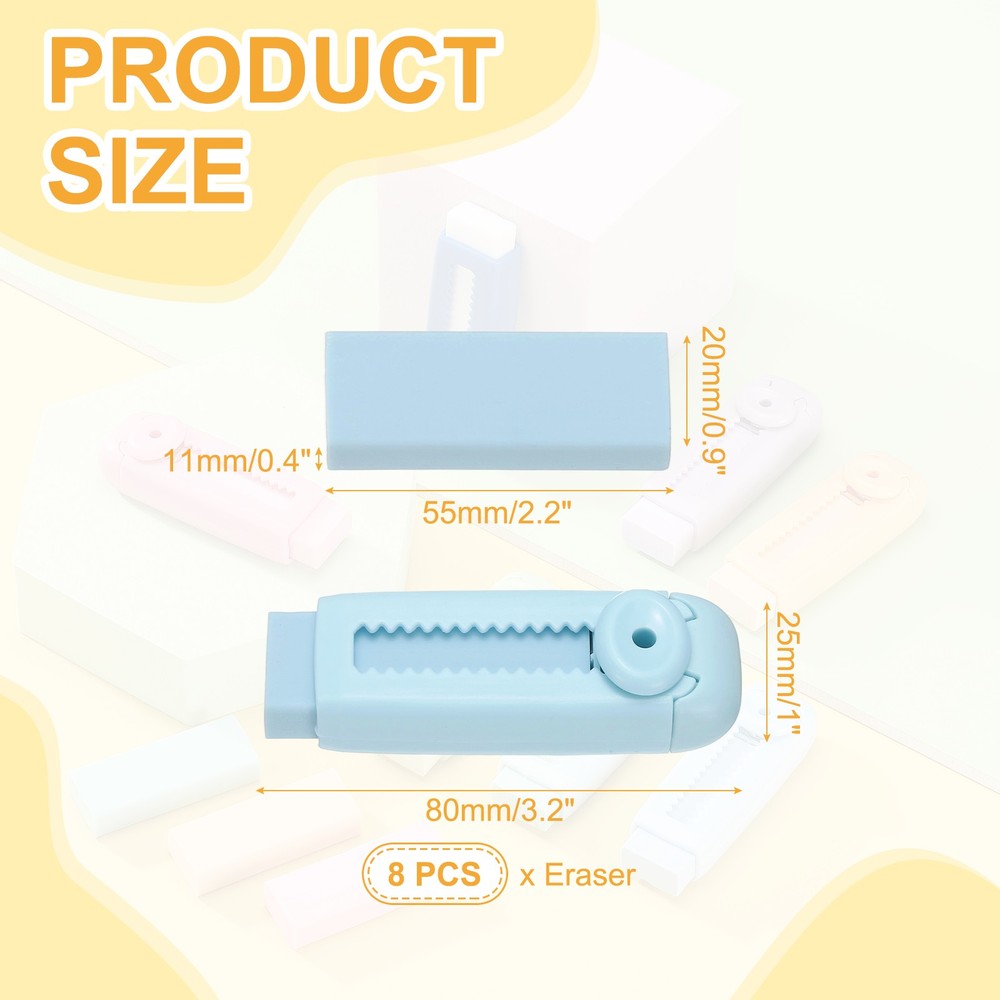 8 Pack Erasers, Pencil Erasers Large Eraser Push Pull Cute Soft, Blue
