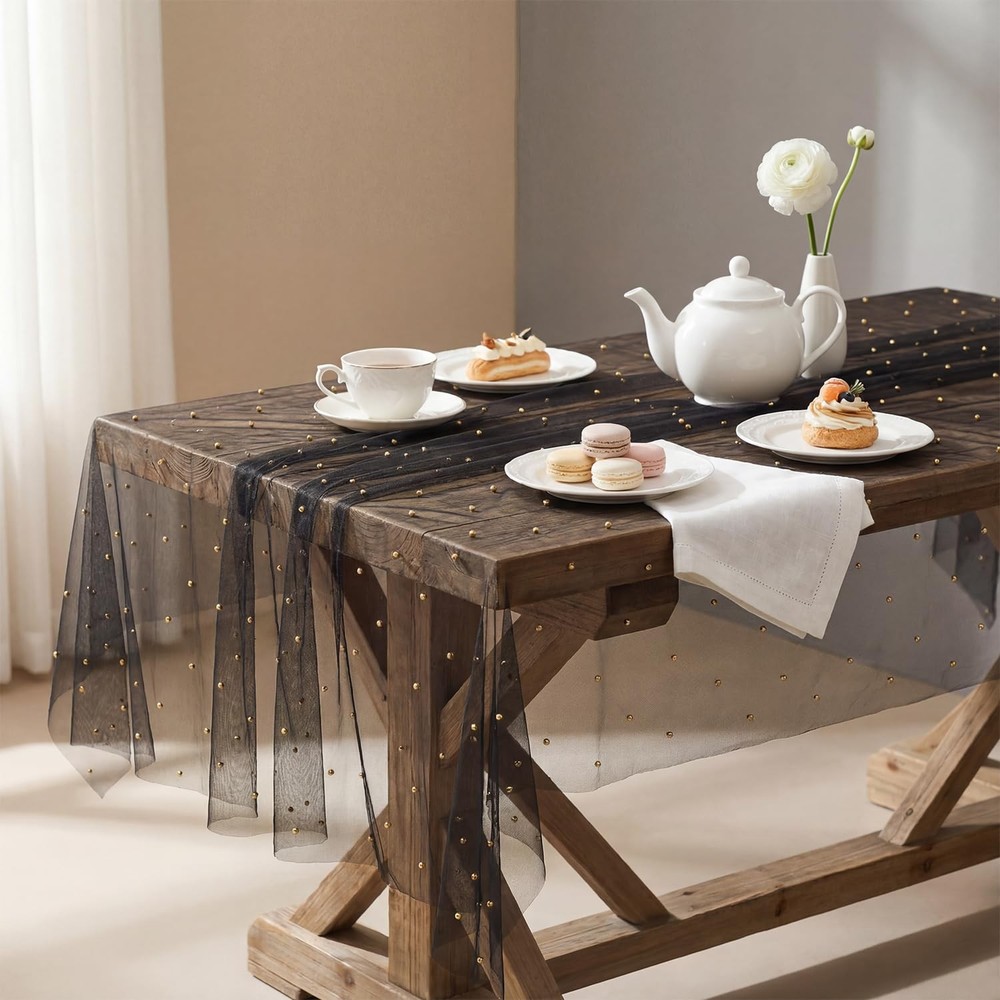 Horaldaily Gold Pearl Black Gauze Tablecloth 60×84 Inch Rectangular, Spring Summ