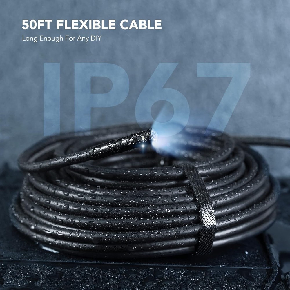 50FT Waterproof Borescope Camera with Split Screen & Manual Exposure Control