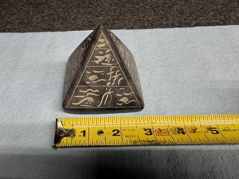 Vintage Egyptian Basalt Pyramid Hieroglyph Solid Stone Hand Carved