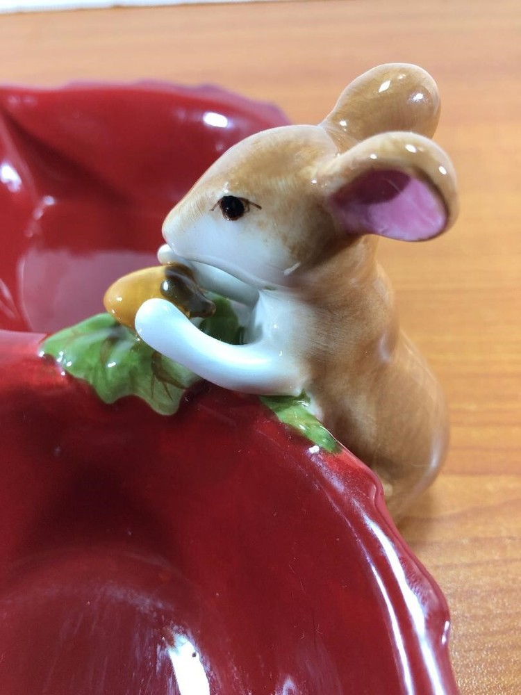 Ceramic 3 Section Nut Candy Serving Dish with Mouse Holding Acorn Maroon Color